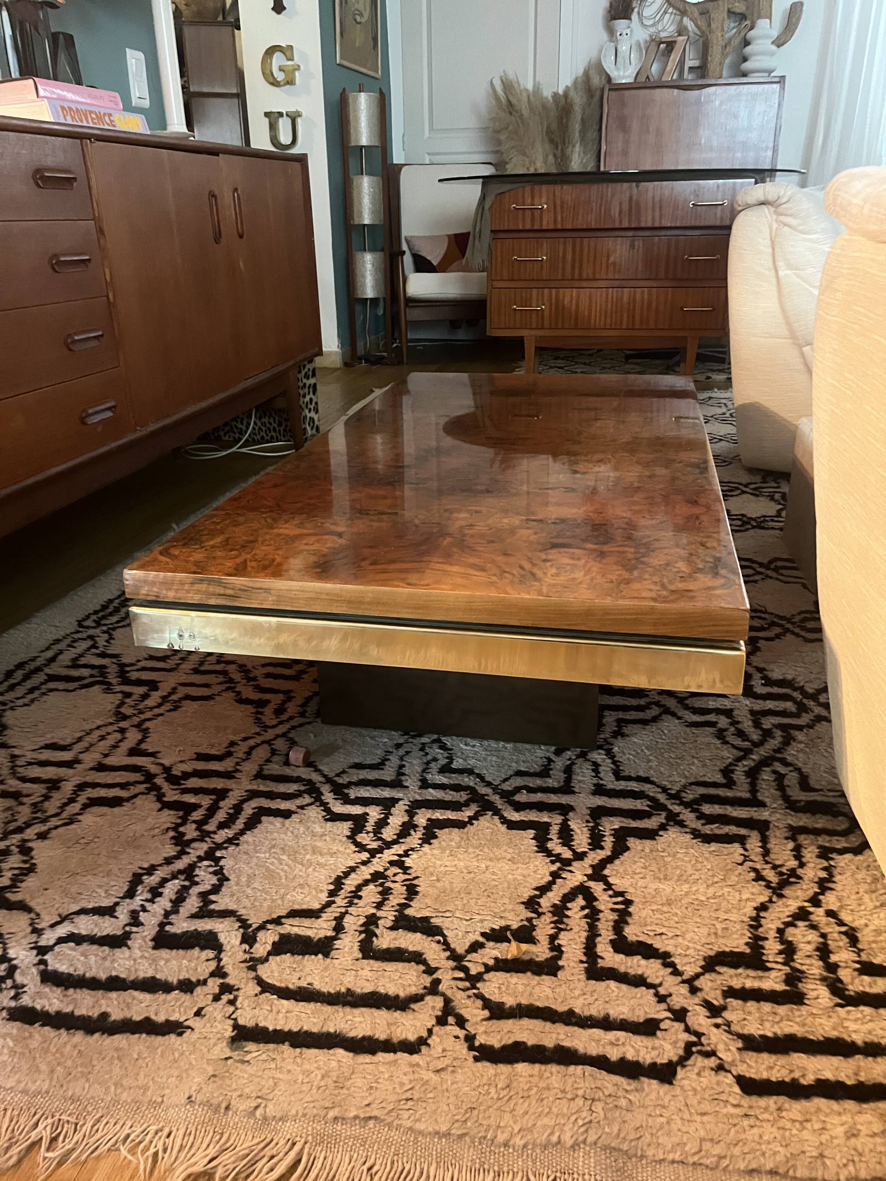 70s coffee table in brass and elm burl