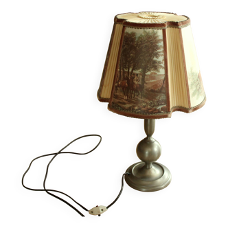 Mid Century table lamp, living room lamp on a pewter foot with a lampshade made of fabric, vintage