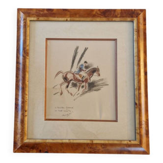 André Margat (1903-1999) - Dry pastel on paper - Rider or huntsman on horseback - Signed and dedicated