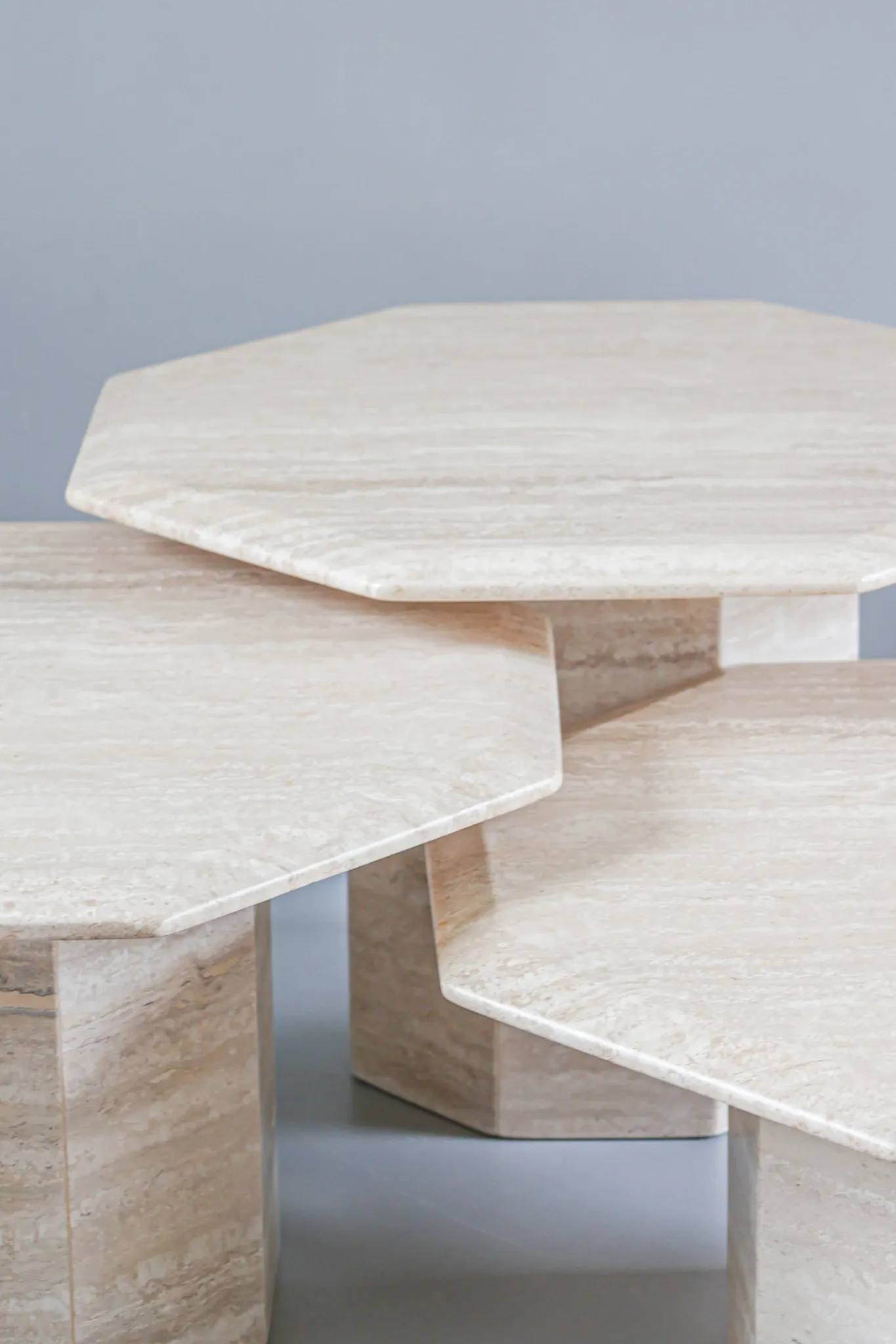 Set of 3 Travertine Octagonal Nesting Tables, 1970s.