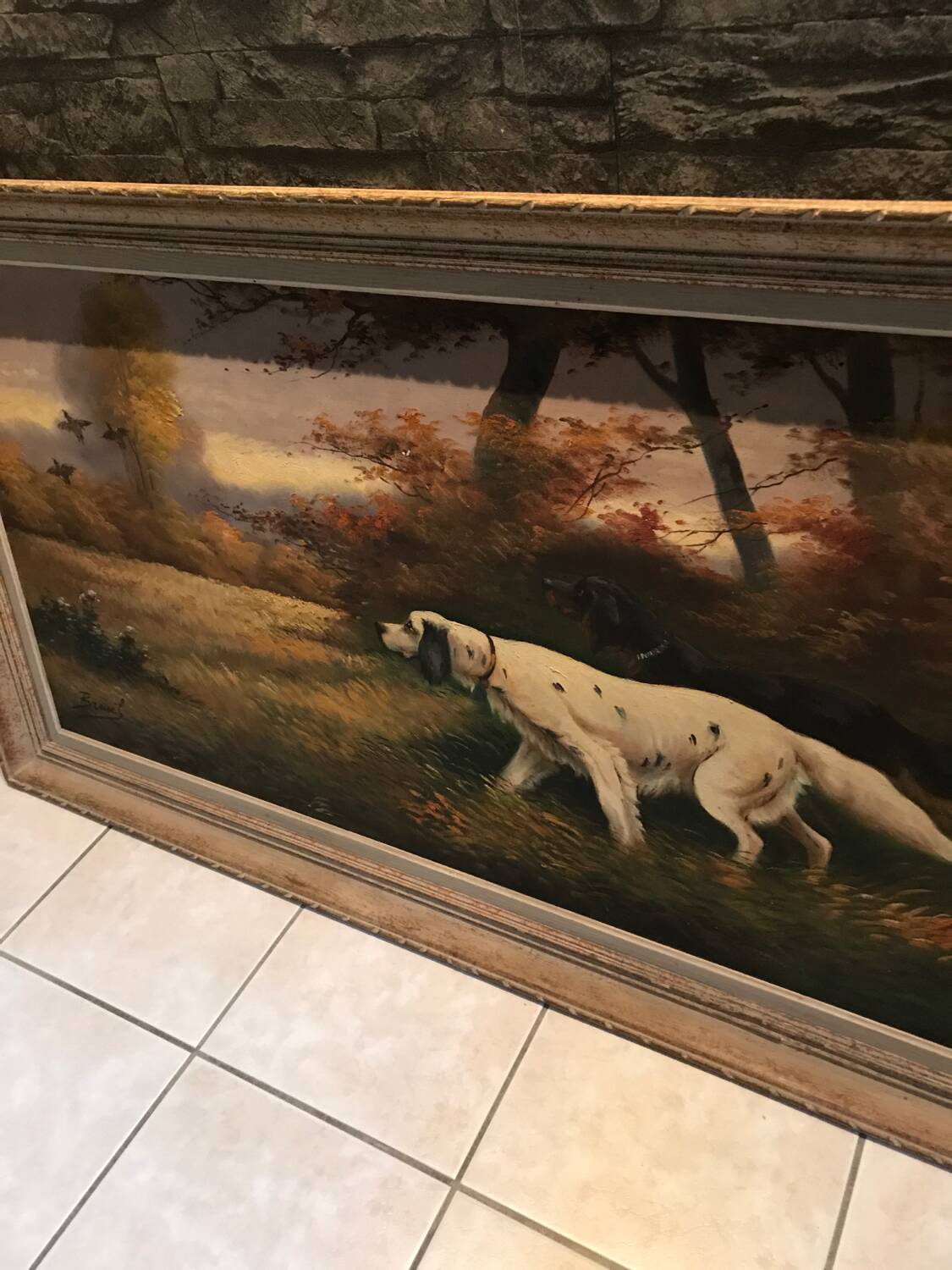 Large old painting of Brittany spaniel hunting dogs, signed Breuil
