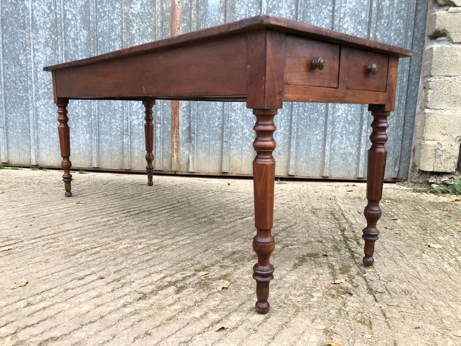 Antique farmhouse table in solid cherry wood with 4 drawers