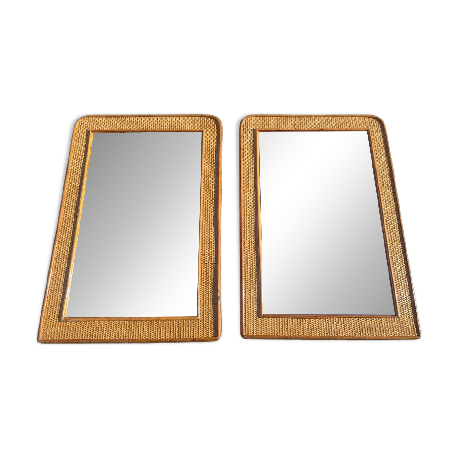 Bamboo and woven wicker mirrors in the style of Dior, 1960s-70s. Set of 2.