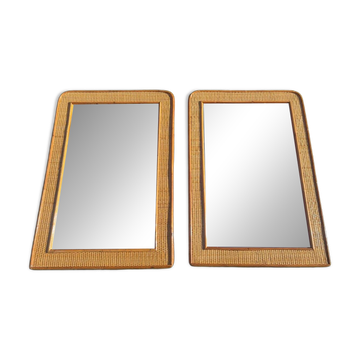 Bamboo and woven wicker mirrors in the style of Dior, 1960s-70s. Set of 2.