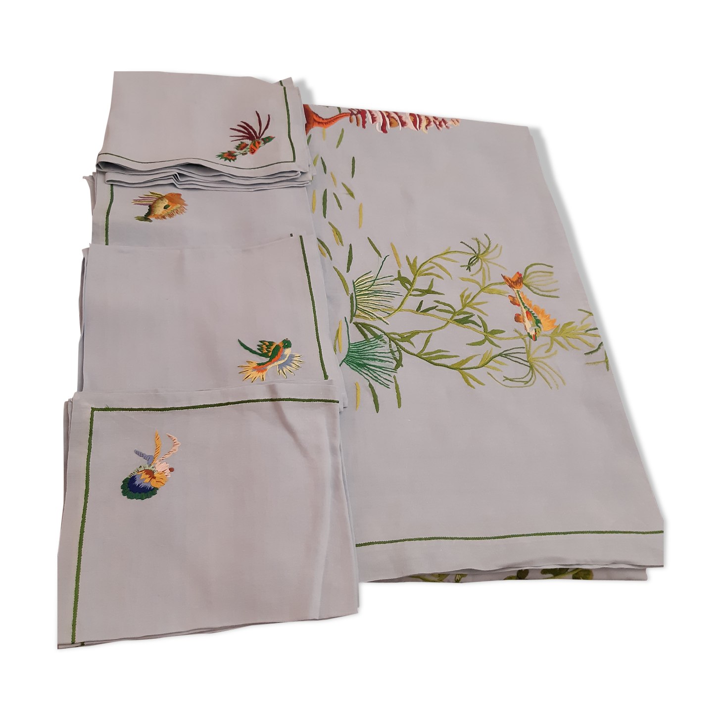 Hand-embroidered tablecloth exotic fish towels