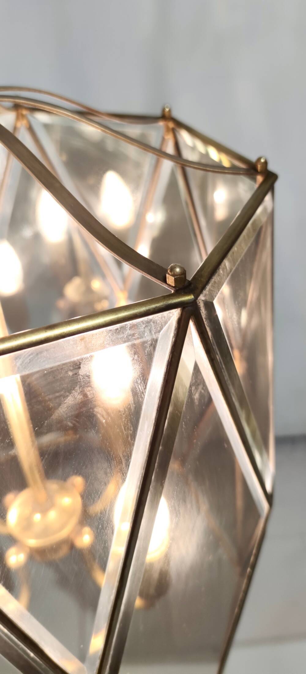 Handmande Octagonal Glass and Brass Pendant Lantern, Italy