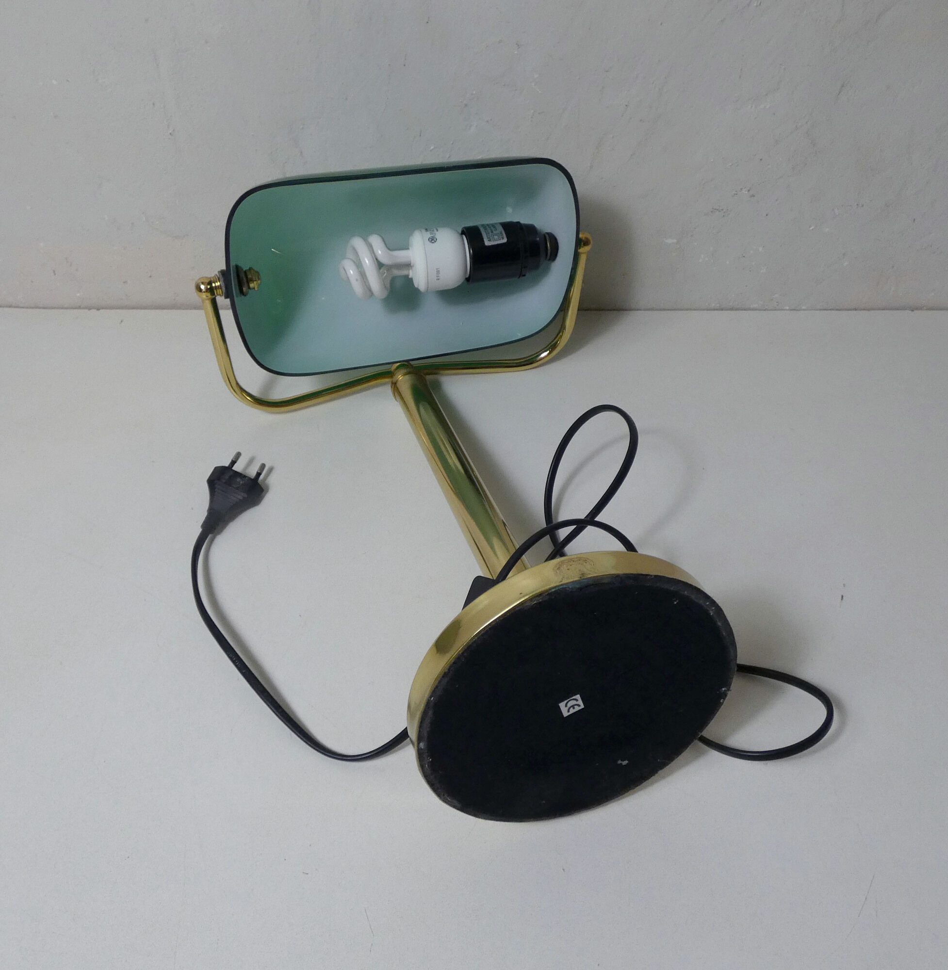 Brass green banker's lamp and vintage glass paste
