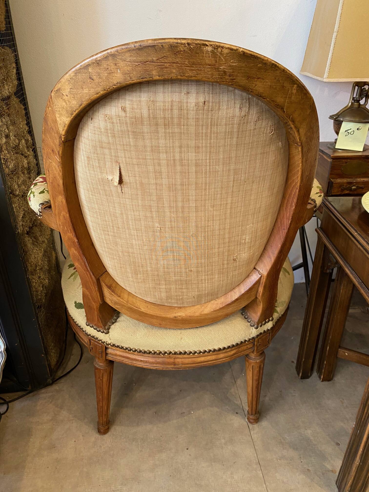 Louis XVI style medallion armchair with floral needlepoint tapestry