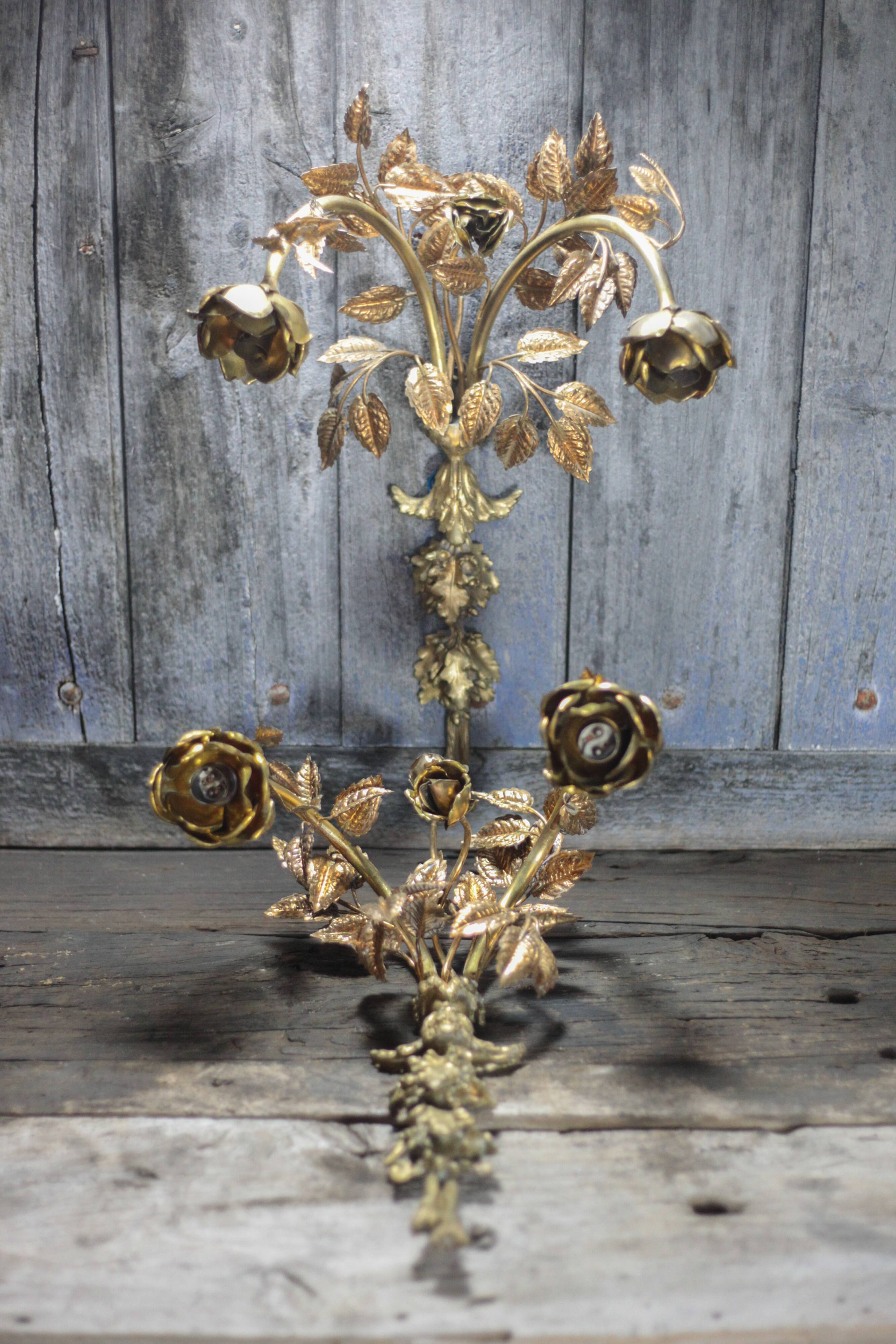 Pair of bronze and gold metal floral wall sconces, flower wall lamp.