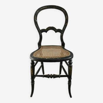 Napoleon III cane chair in blackened wood and mother-of-pearl