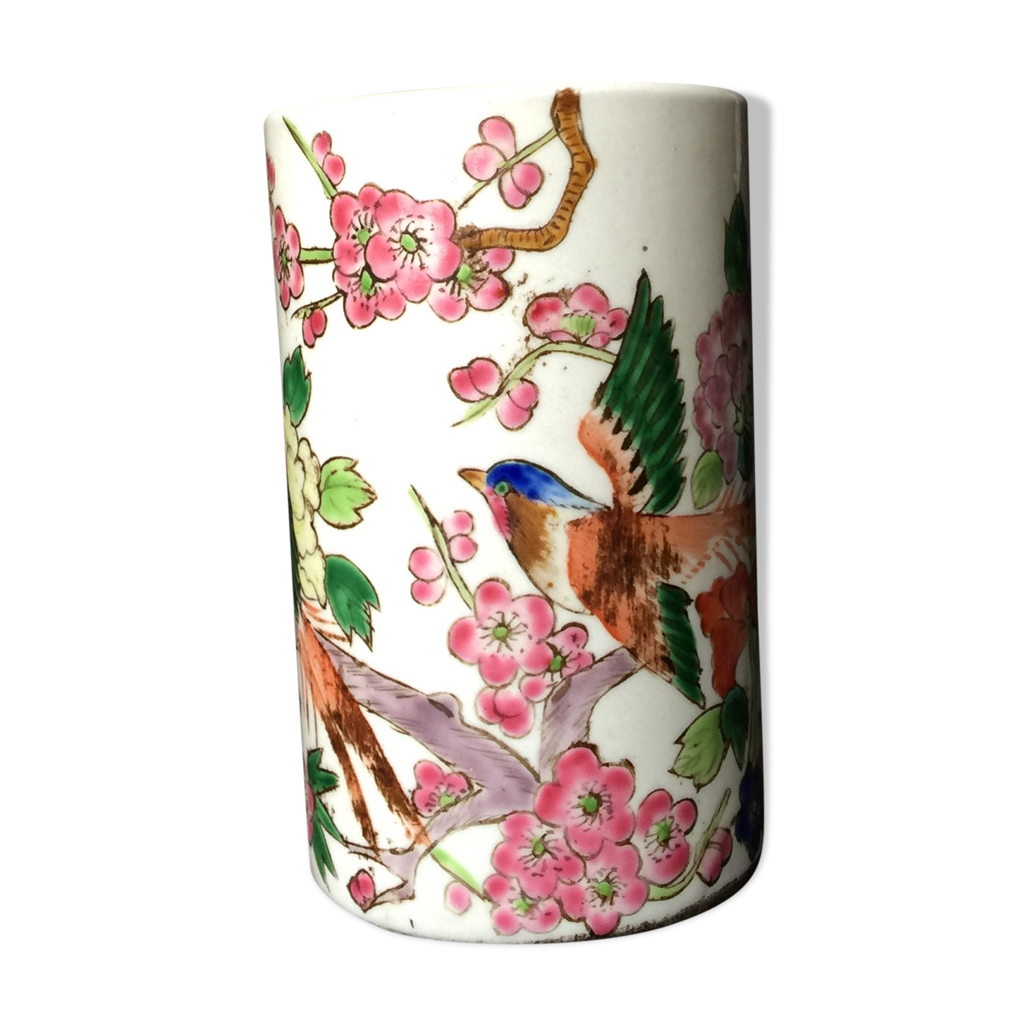 Small vase roll decoration birds branches of cherry blossoms and flowers
