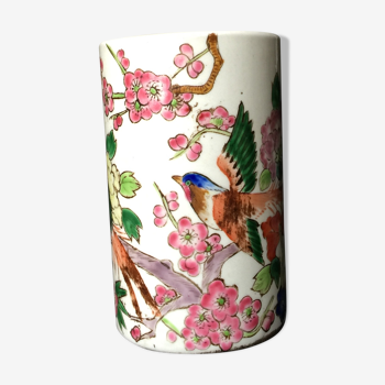 Vase rouleau décor oiseaux branches de cerisier fleuries et de fleurs