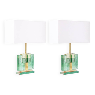 Pair of Murano glass lamps, iridescent green. 20th-21st century.