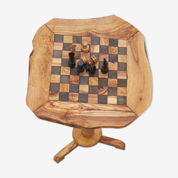 Chess table with rustic olive wood drawers 13.4"with 32 handcrafted pieces