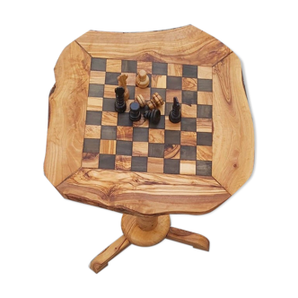 Chess table with rustic olive wood drawers 13.4"with 32 handcrafted pieces