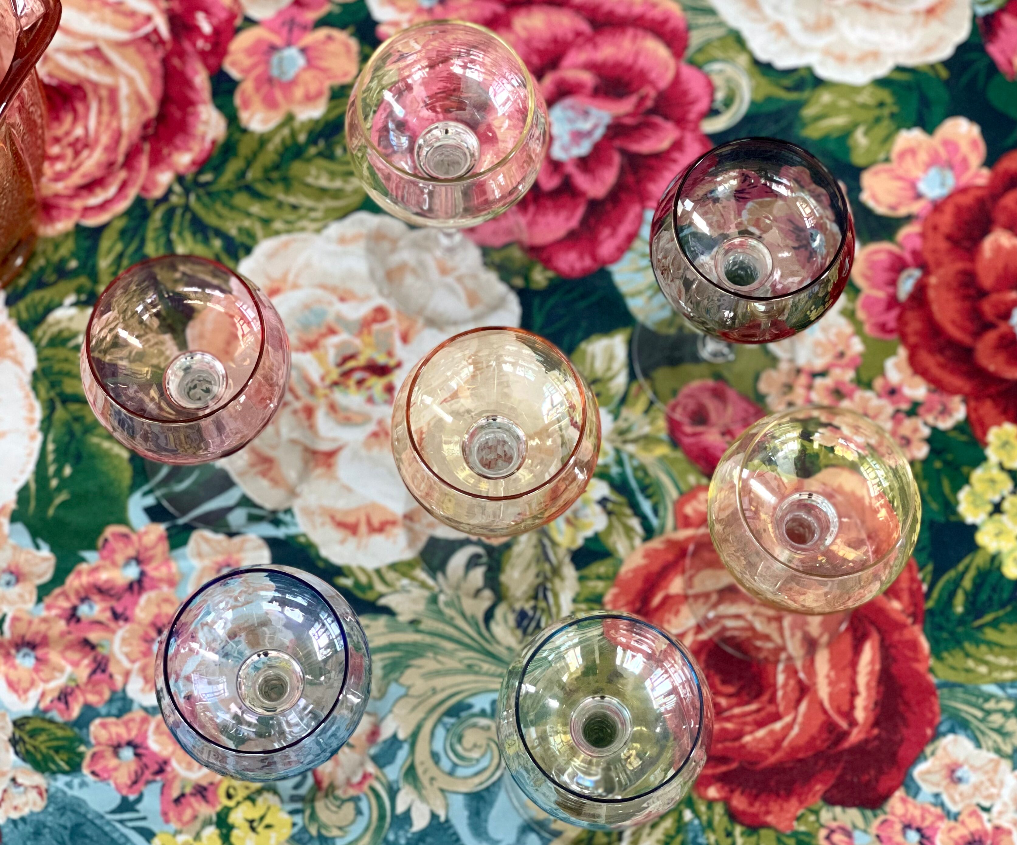 7 vintage iridescent foot glasses