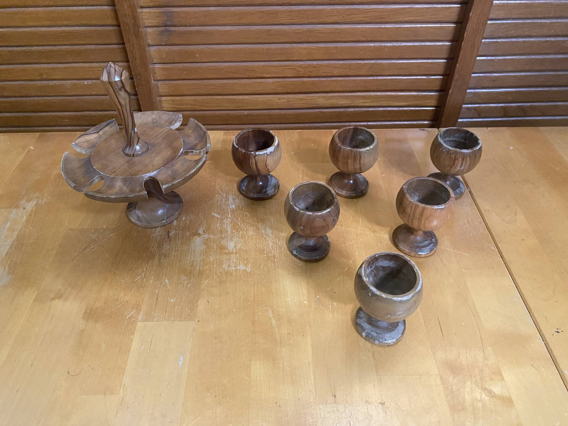 Rotating Display Stand 6 Egg Cups Olive Wood & Teak 1960s Vintage
