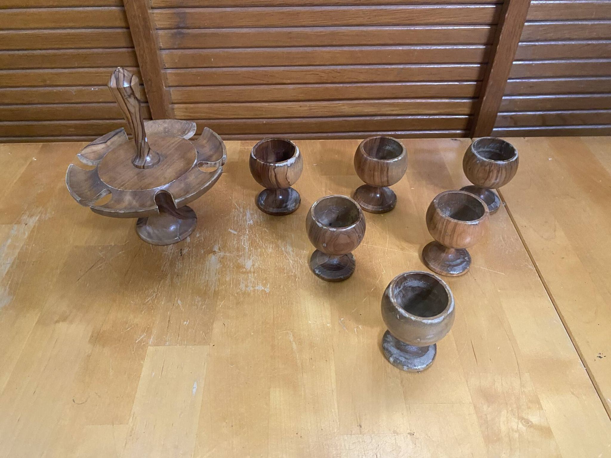 Rotating Display Stand 6 Egg Cups Olive Wood & Teak 1960s Vintage