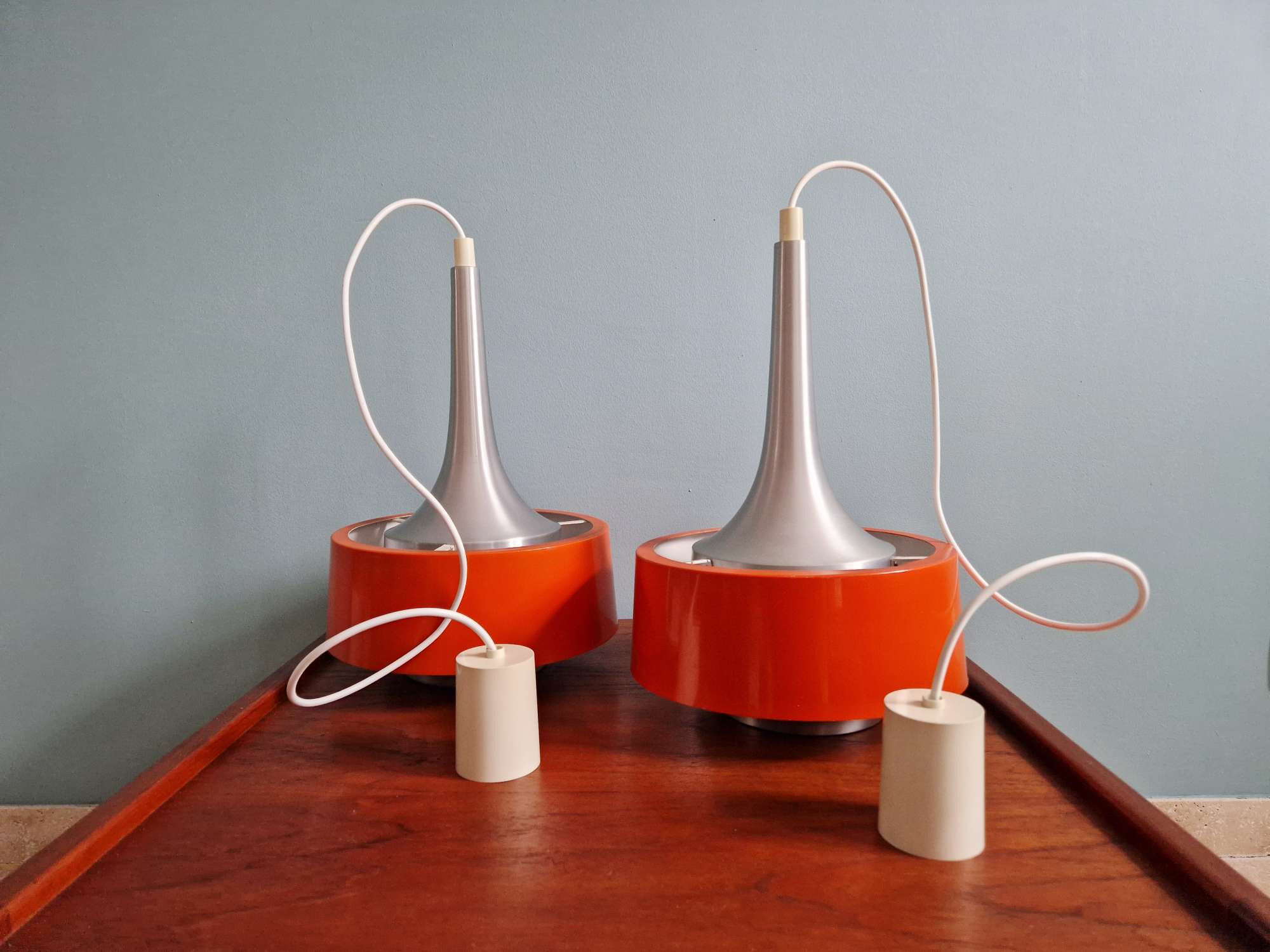 Pair of Scandinavian brushed aluminium pendants, Philips, 1960s