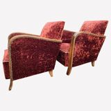 Pair of Art Deco club armchairs in burgundy red velvet, 1930s
