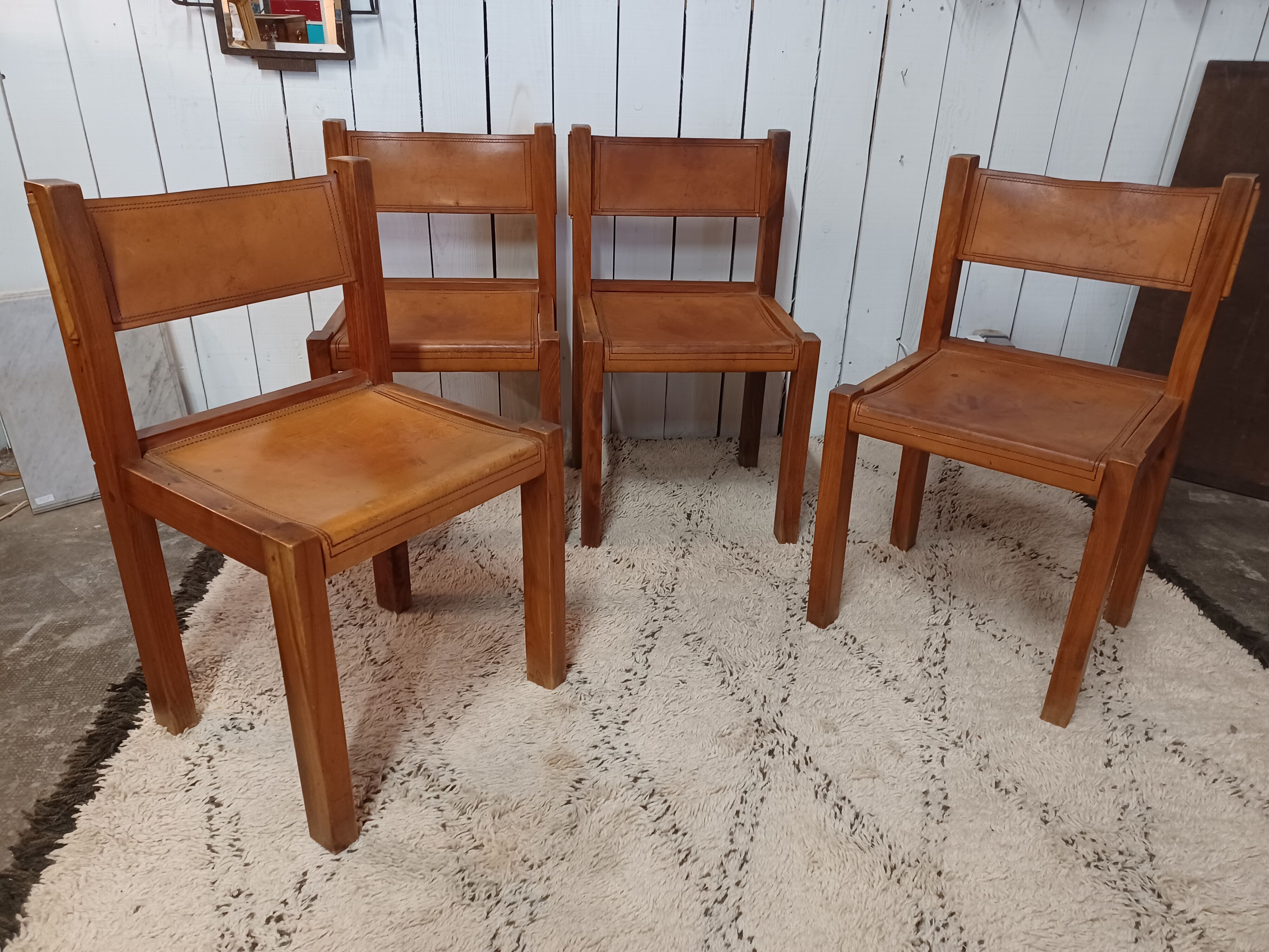 4 elm and leather chairs 1950