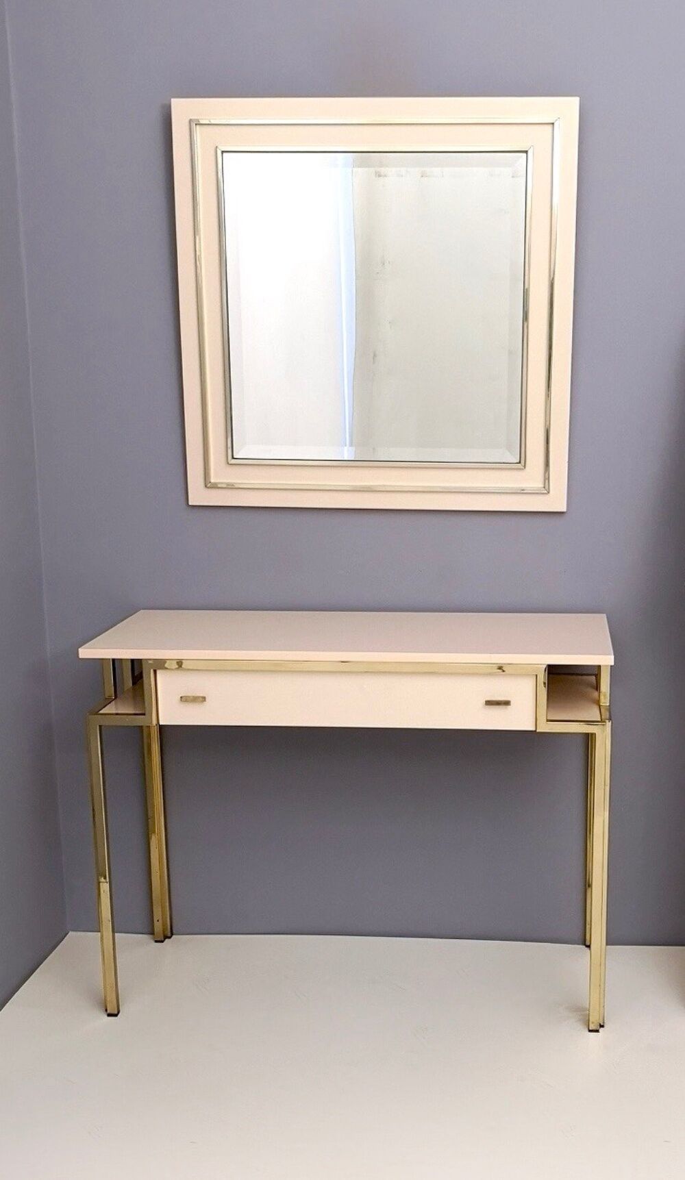 Postmodern pale pink formica and brass console with wall mirror, italy
