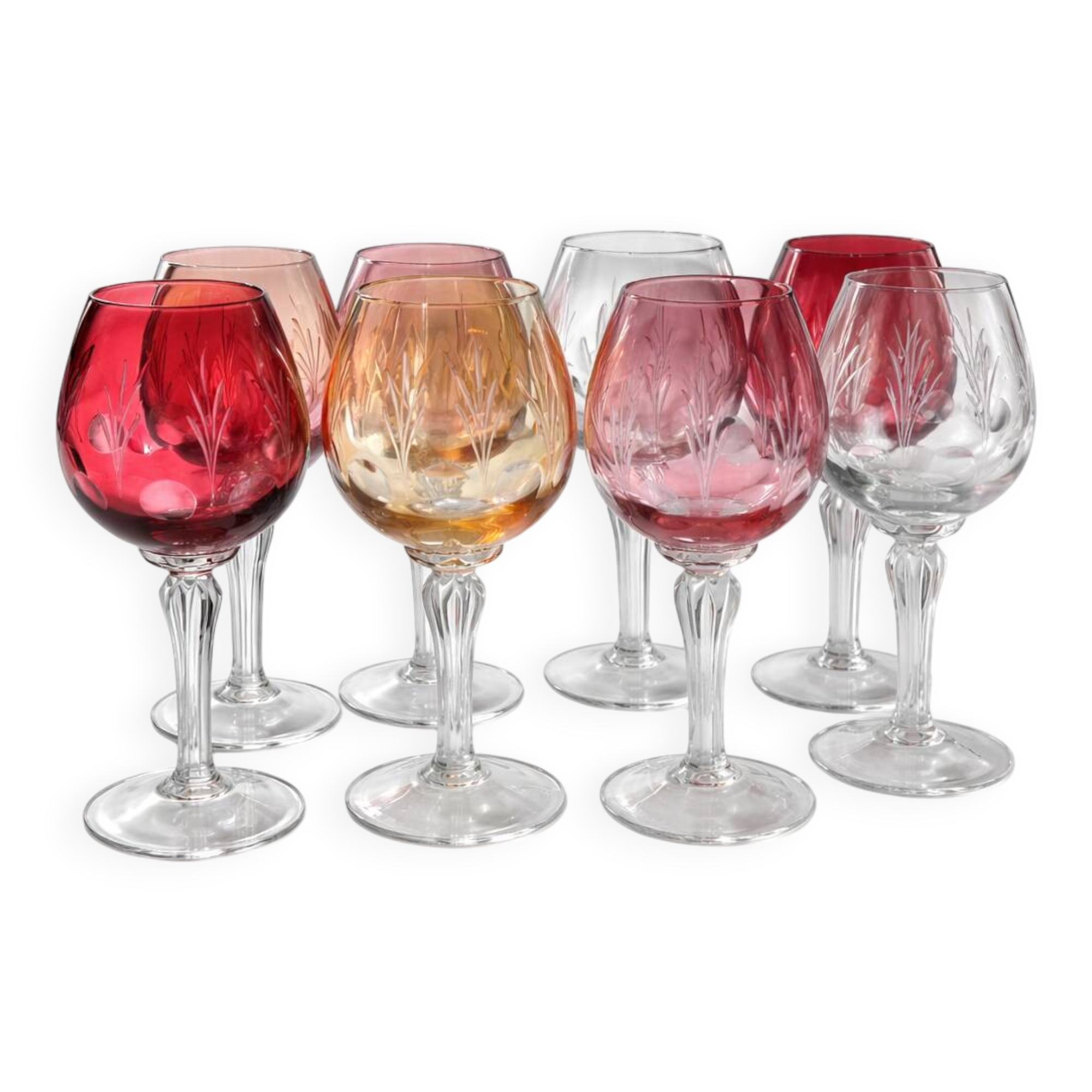 Crystal Colour Verres X8 1970s Vintage Service Engraved 16 cm