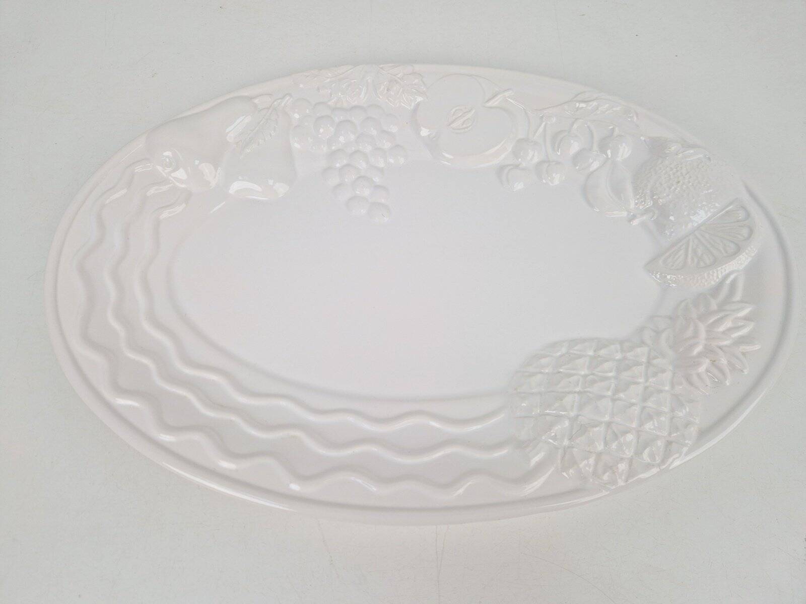 Vintage Large White Majolica Serving Bowl with Relief Fruits by A. Santos, Portugal, 1970s