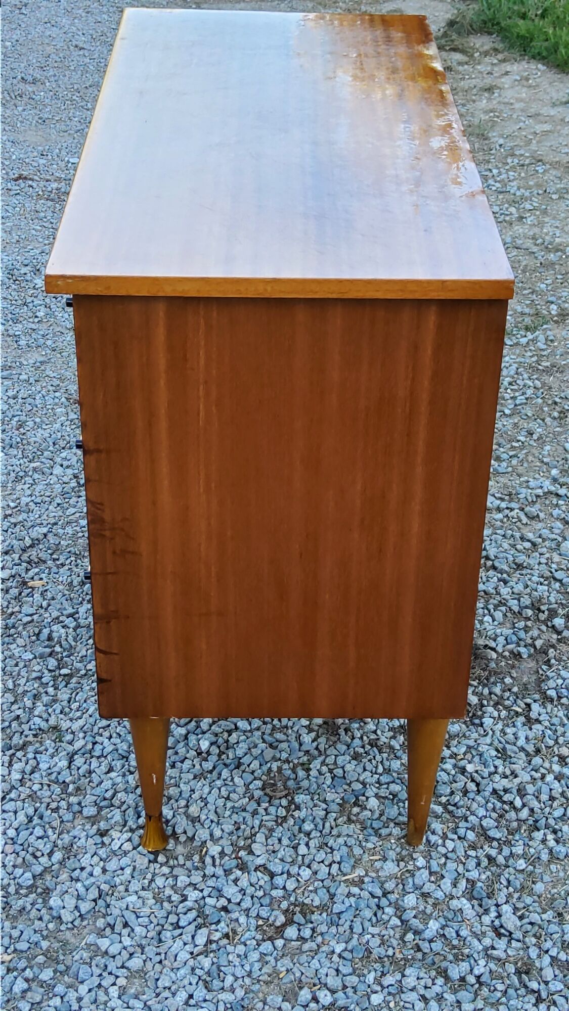 Vintage golden mahogany chest of drawers 3 drawers conical feet from the 60s