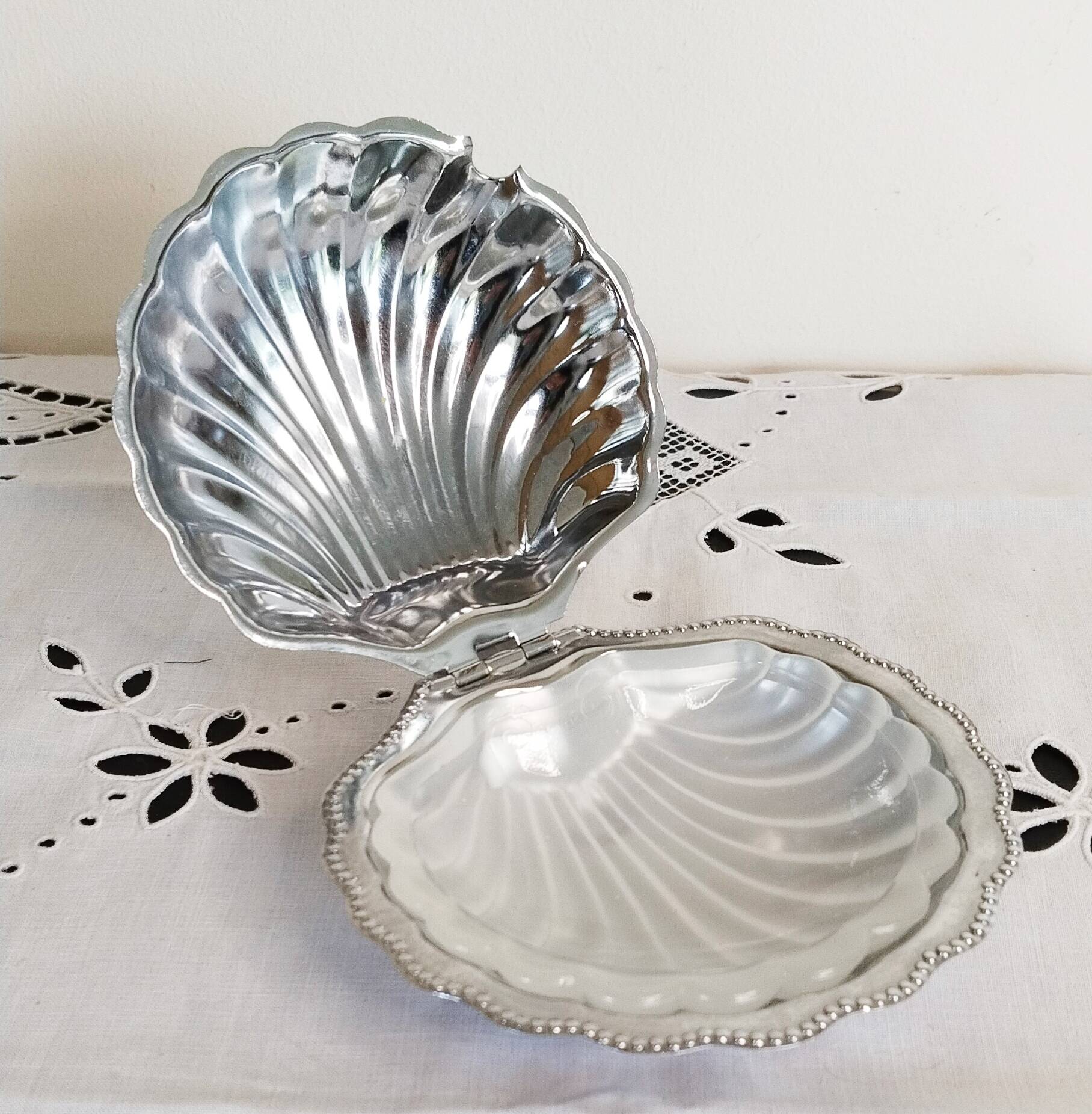 Scallop shell butter dish in metal and glass
