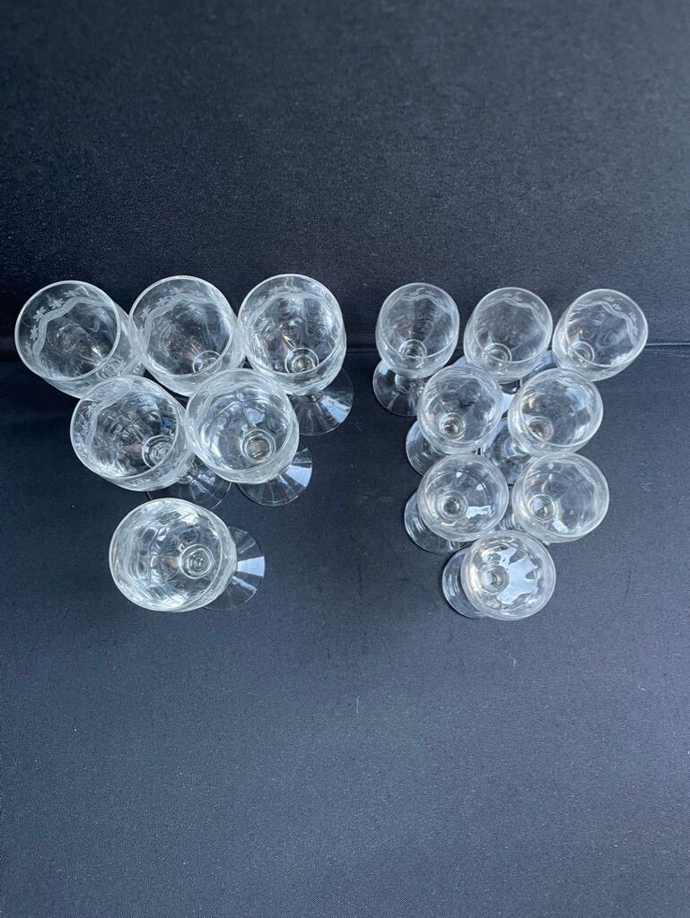 14 Meisenthal blown and engraved digestive glasses