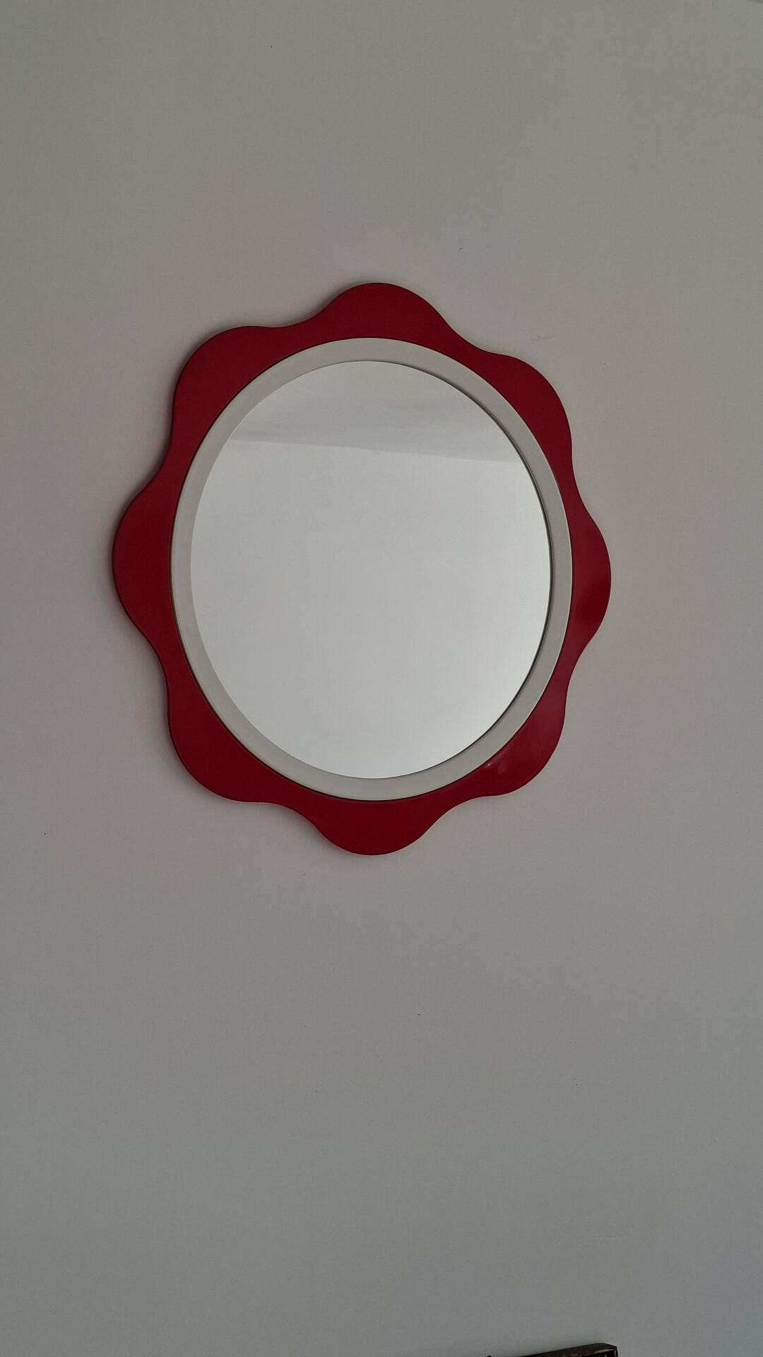 Round wall mirror 53 cm red/white vintage 1960s/70s