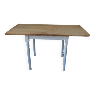Farm table, pearl gray patinated beech base, wooden top.