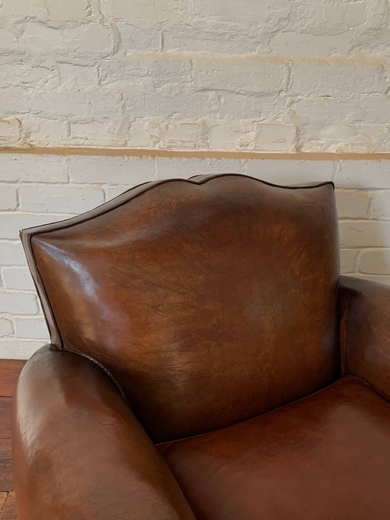 French Leather Club Chair, Havana Mustache Model, with Cuban Cigar Arms, Circa 1930's