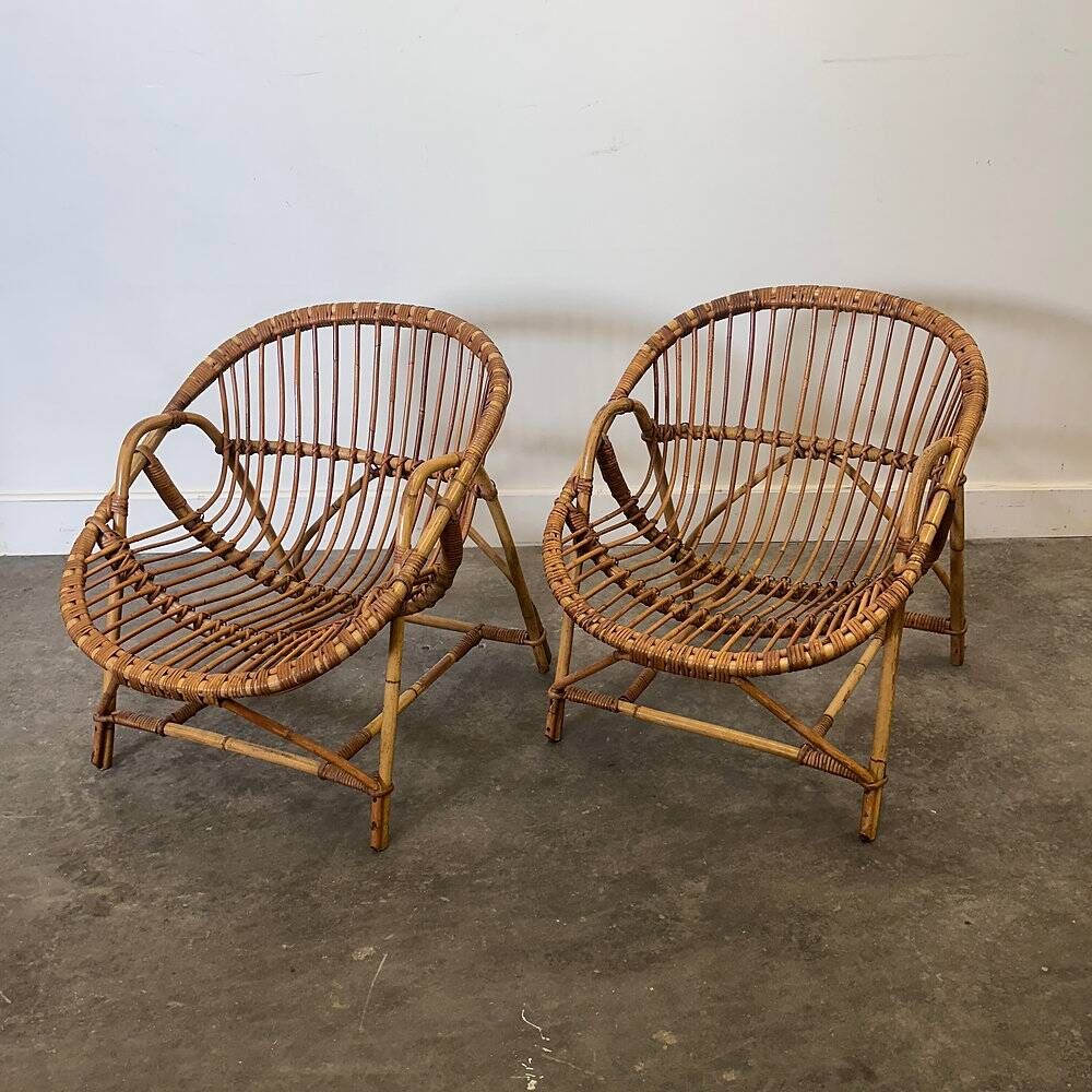 Mid-century French Riviera rattan lounge chairs – pair – 1960s organic design