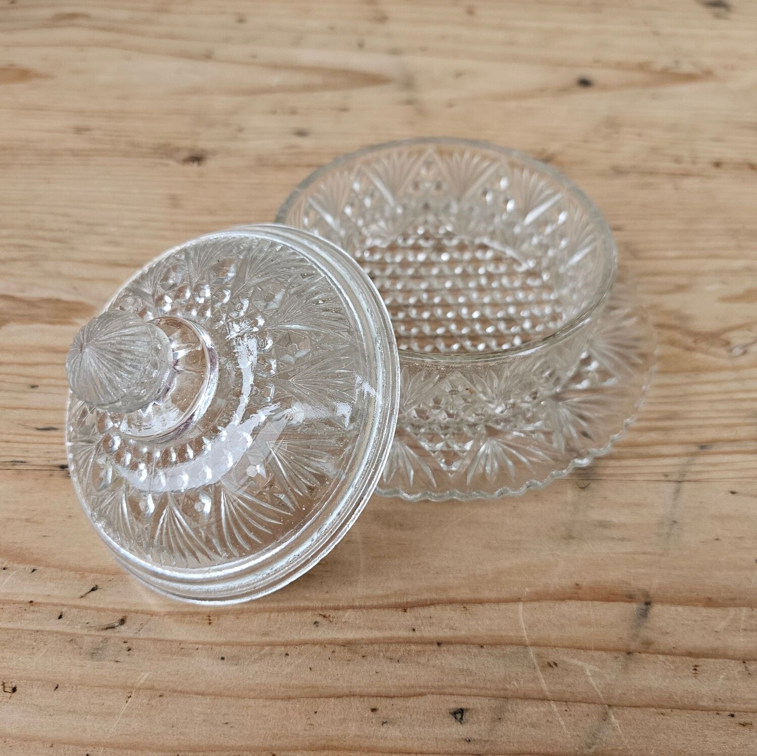 Round molded glass butter dish