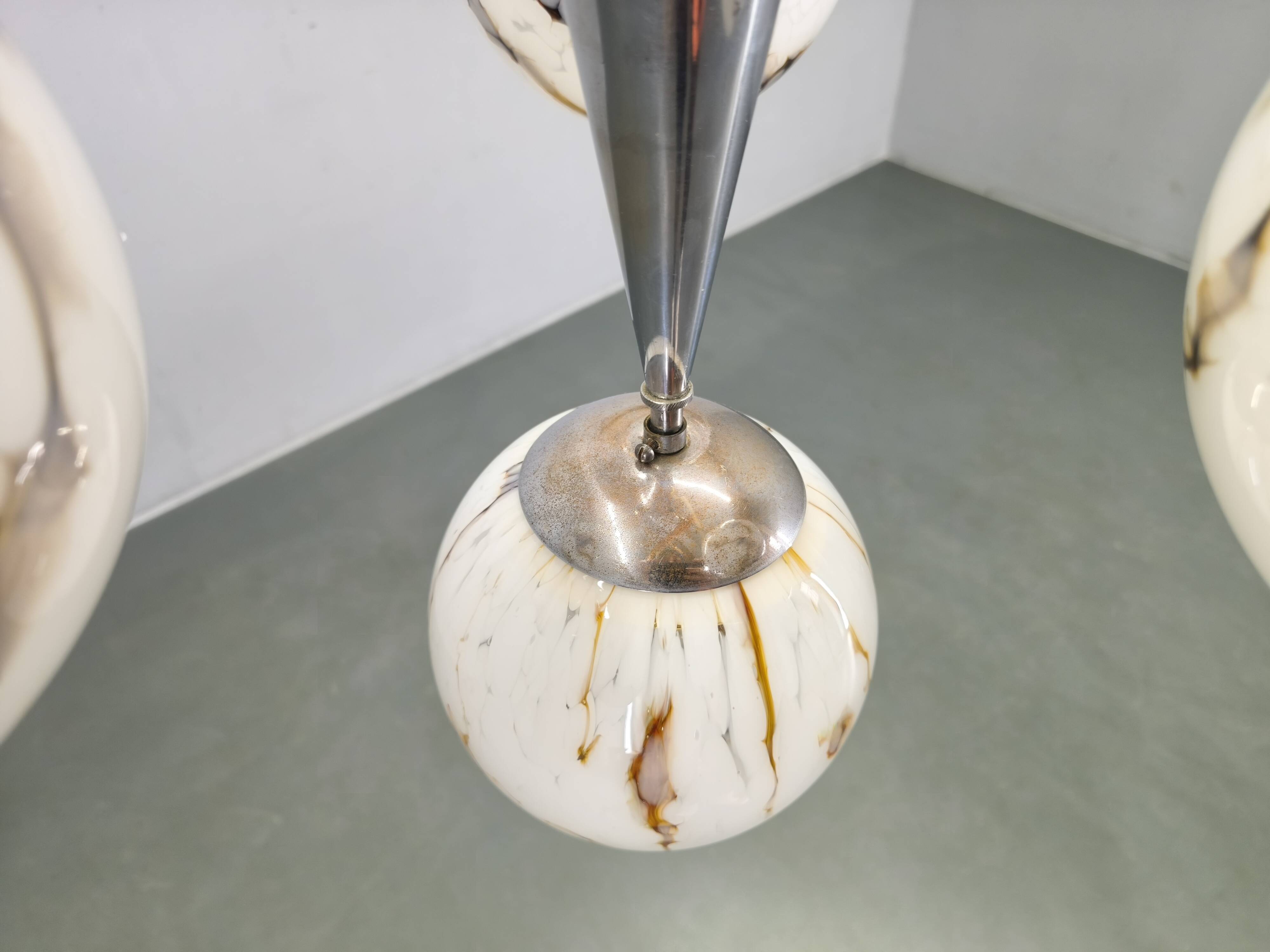 Art Deco Chandelier, Marble Glass, Brass & Chrome, 1930s