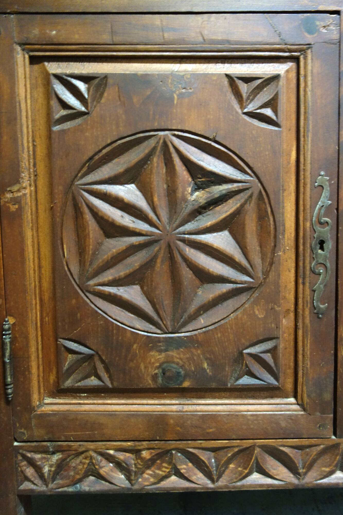 Carved pine sideboard, mountain folk art, 1950s