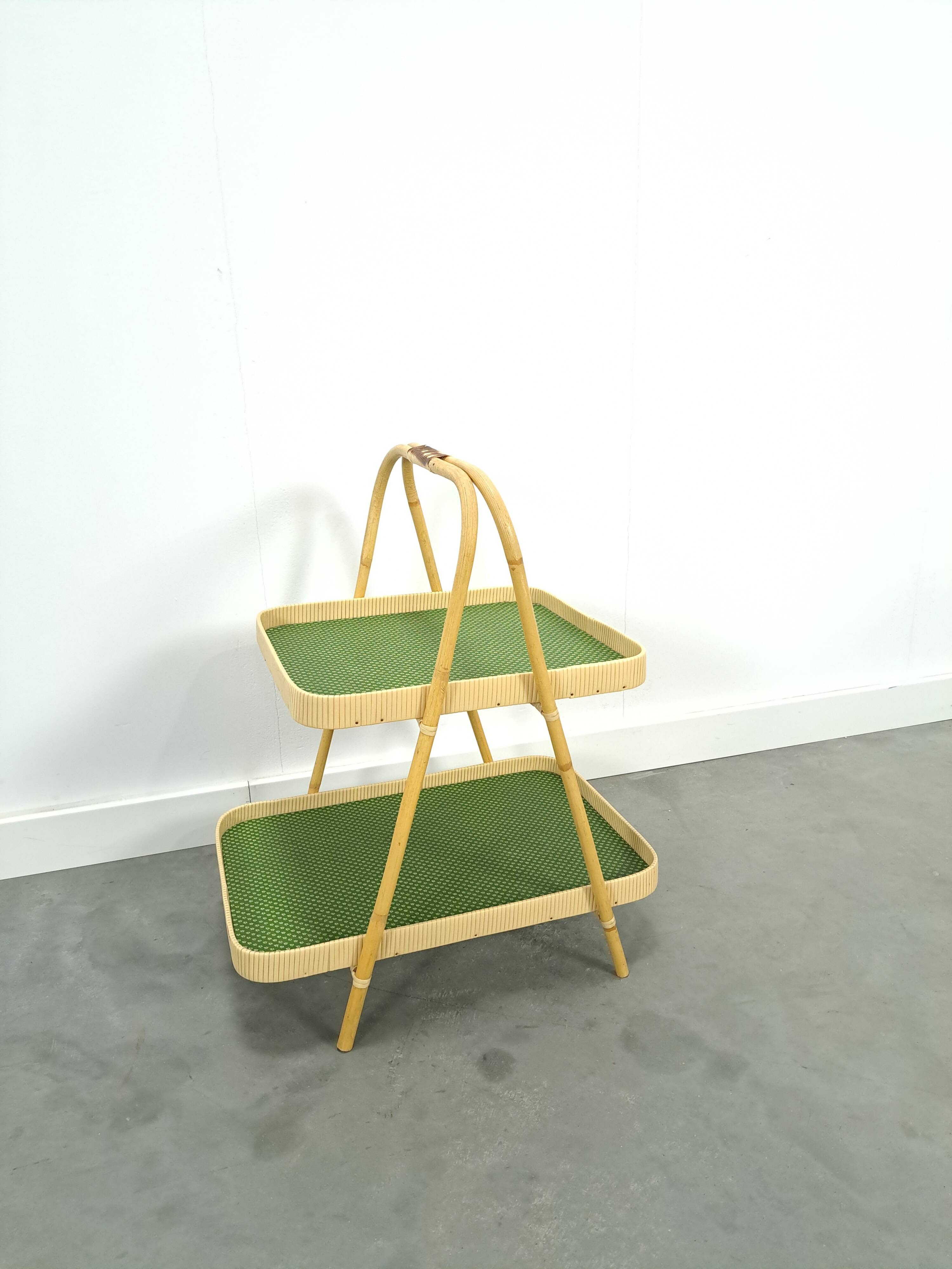 Rattan double tray with green leaf vintage fruit basket