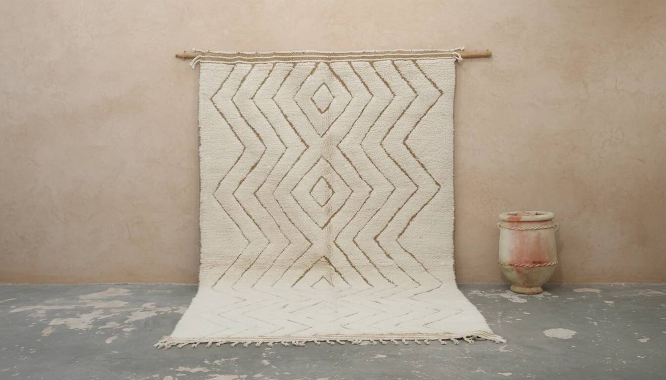 Large Beni Ouarain rug 325×200 – Handcrafted natural wool rug with soft diamond geometry, GO-946