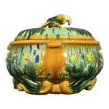 Soup tureen with parrot in colored slip from the mid-20th century