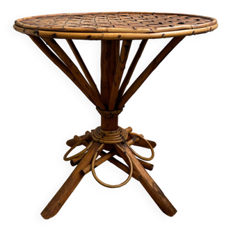 Coffee table, vintage pedestal table in chestnut and wicker "Le Corbusier" by Pascal Raffier, dating from the