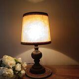 rustic chic turned wooden bedside lamp, leather shade