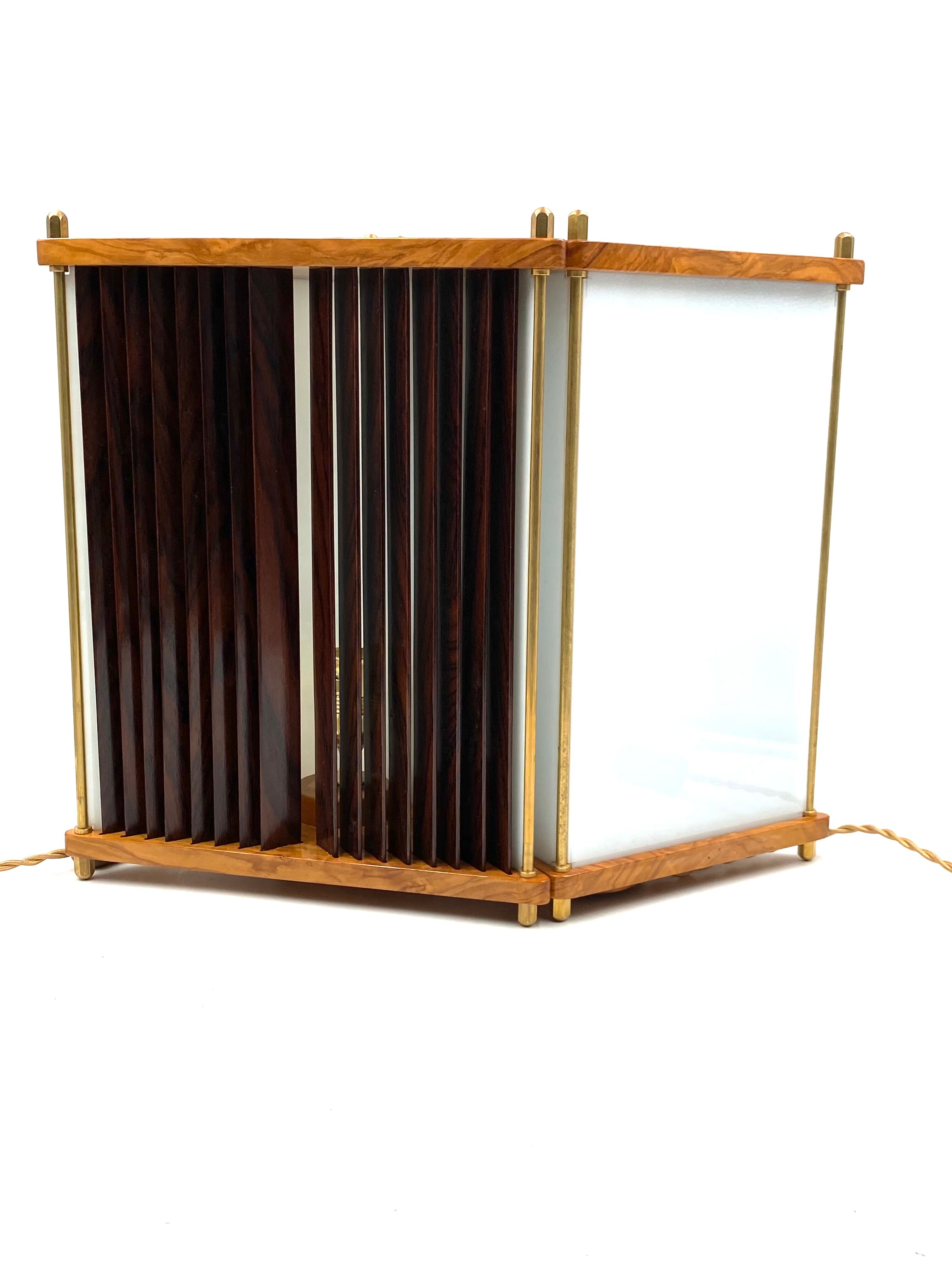 Leonardo Mosso 2 palisander and brass table lamps, Italy 1970s