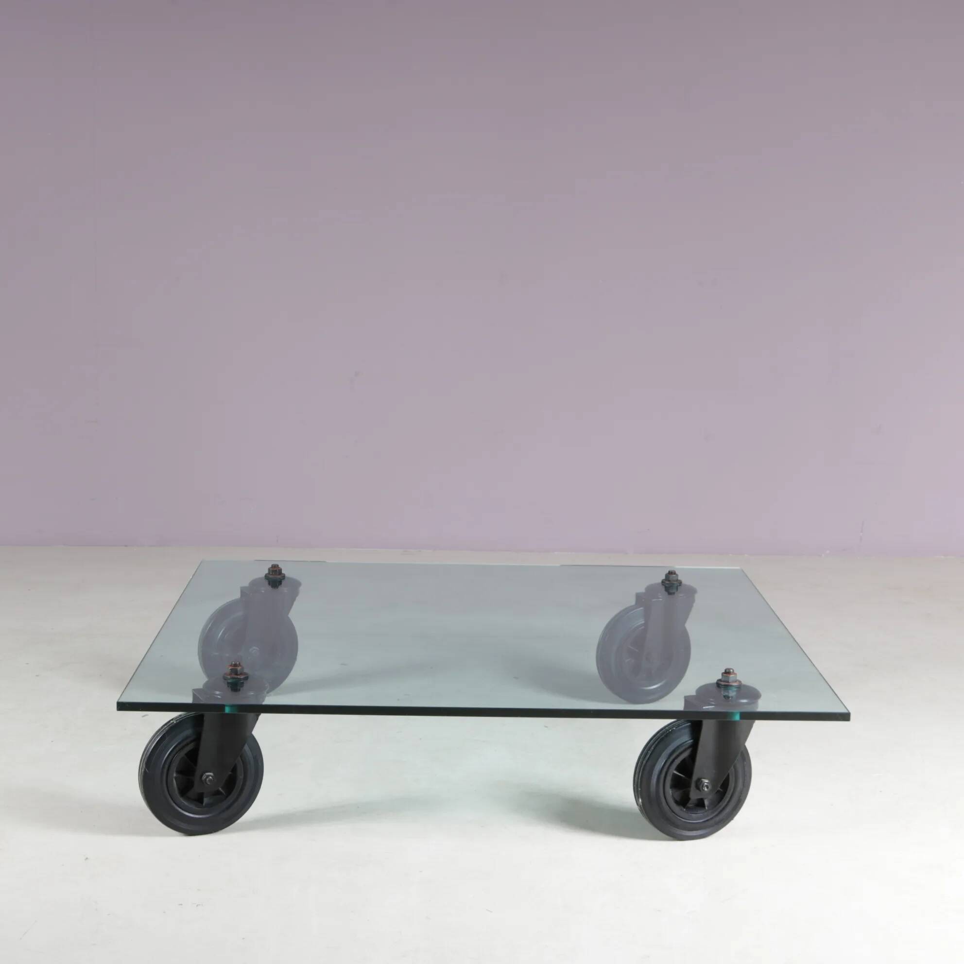 Coffee table "Table with Wheels" from the 1980s by Gae Aulenti for Fontana Arte, Italy.