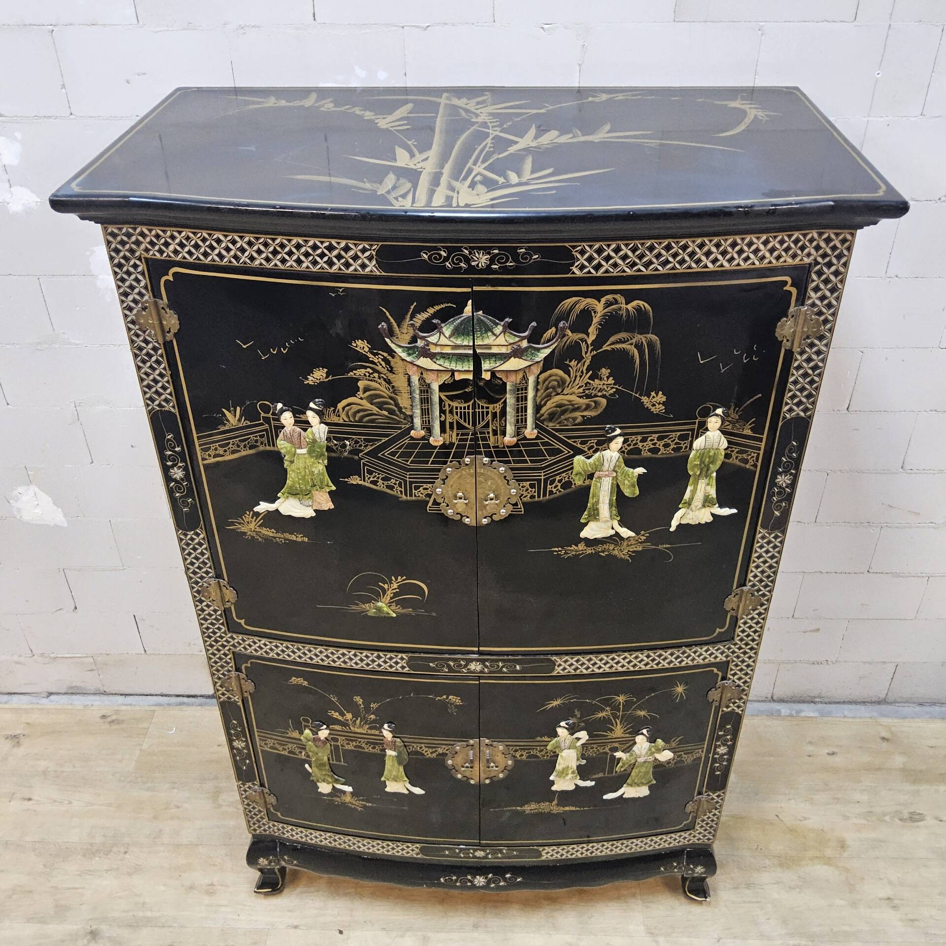 Vintage Chinese black lacquer cabinet soapstone, mother-of-pearl bohemia