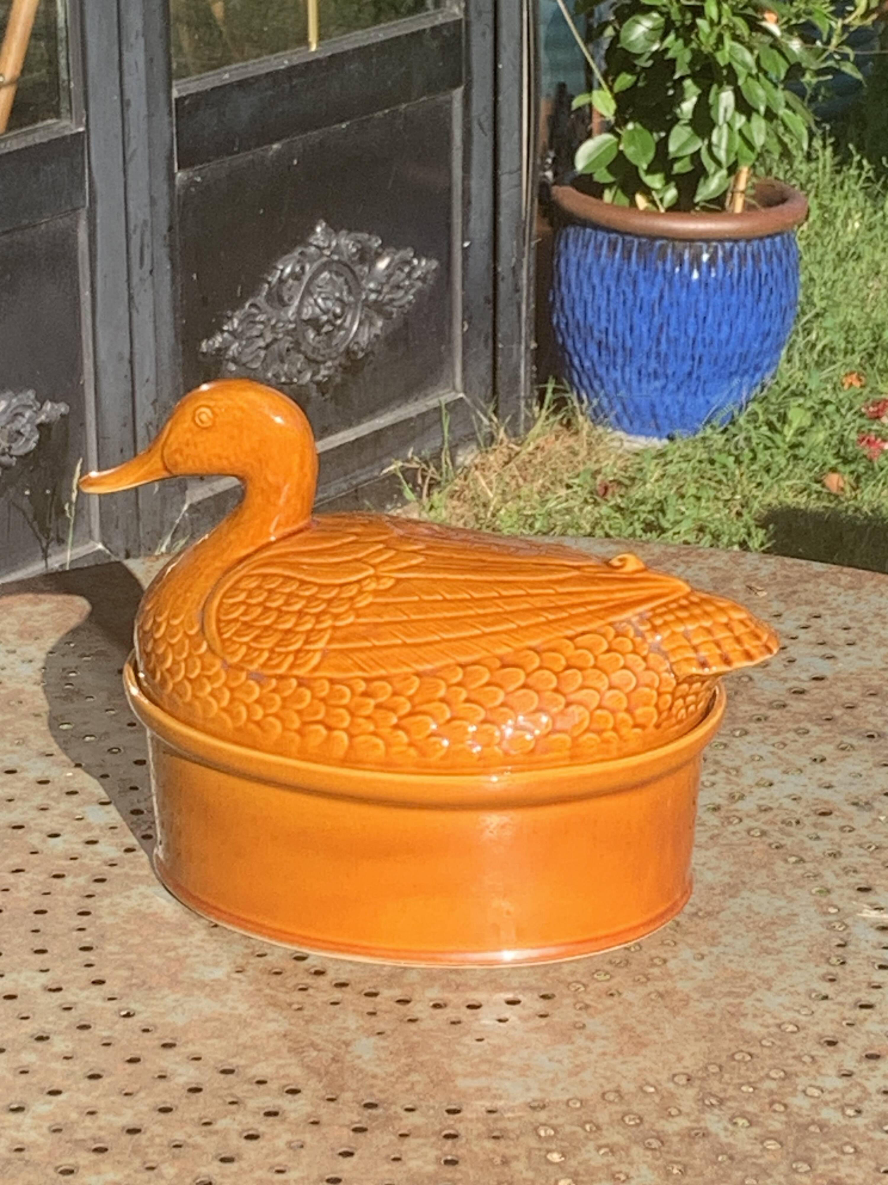 Duck, slip, glazed ceramic terrine, brown, vintage