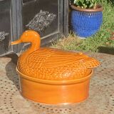 Duck, slip, glazed ceramic terrine, brown, vintage
