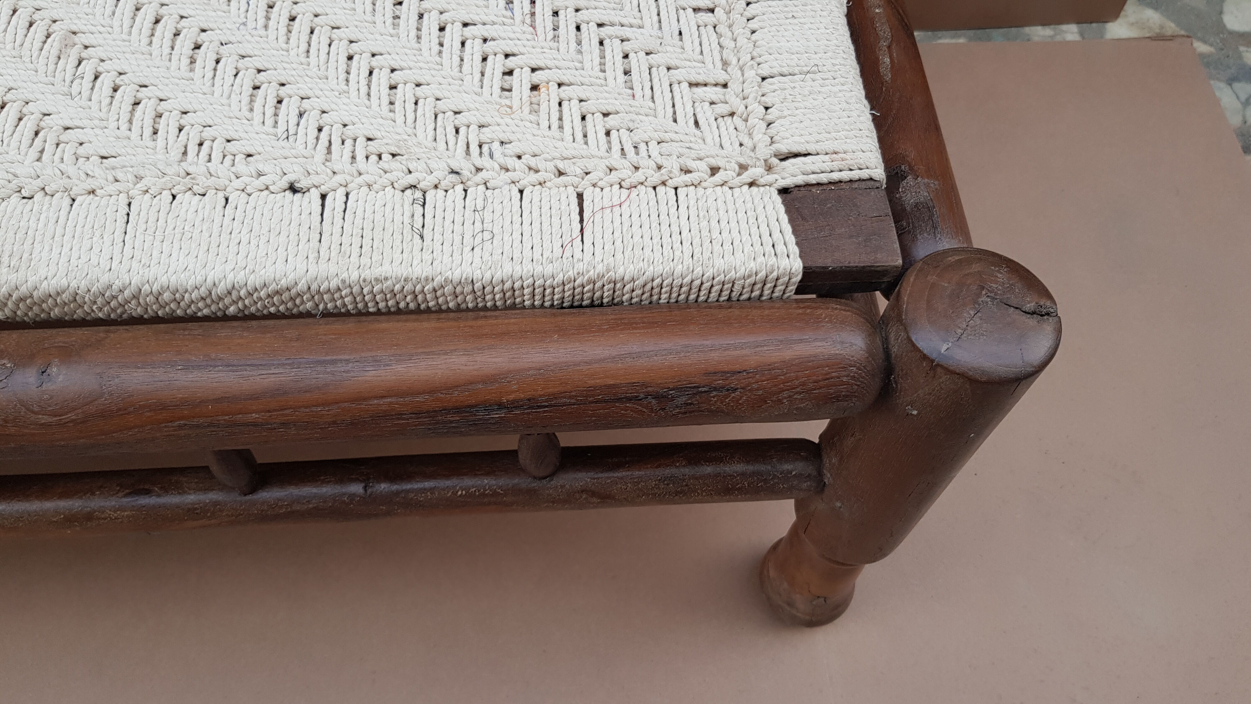 Natural burmese teak sofa and braided cotton seat & backsplash