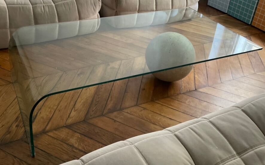 Vintage coffee table Italian design curved glass and travertine